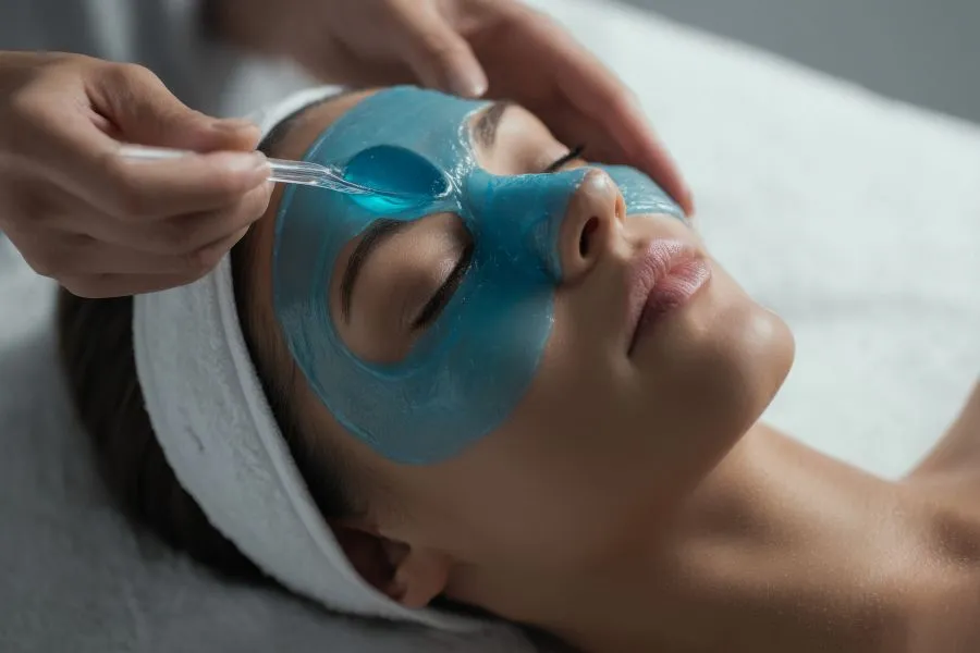girl with blue face mask getting facial